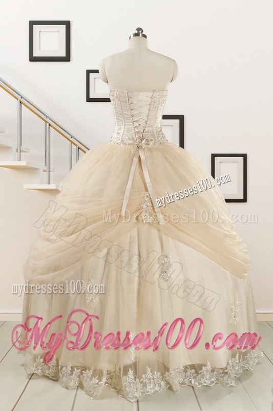 2016 Classical Appliques and Hand Made Flower Quinceanera Dresses in Champagne