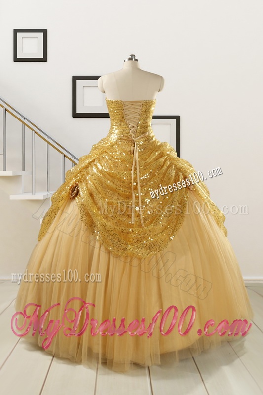 2016 Most Popular Sweetheart Sequined Quinceanera Dresses in Gold