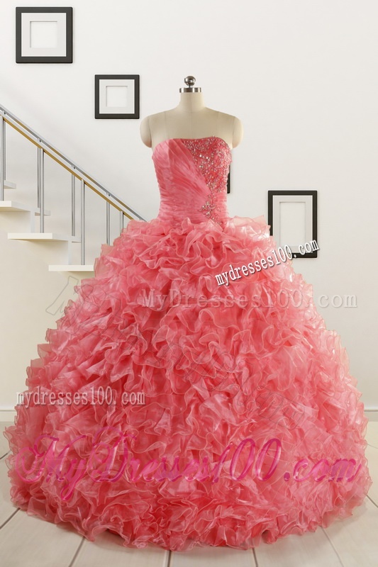 2016 New Arrival Watermelon Red Sweet 15 Dress with Beading