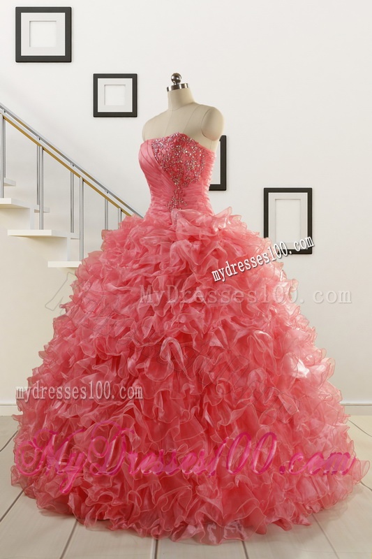 2016 New Arrival Watermelon Red Sweet 15 Dress with Beading