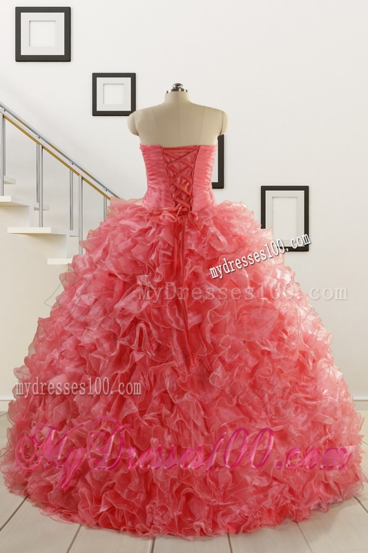 2016 New Arrival Watermelon Red Sweet 15 Dress with Beading