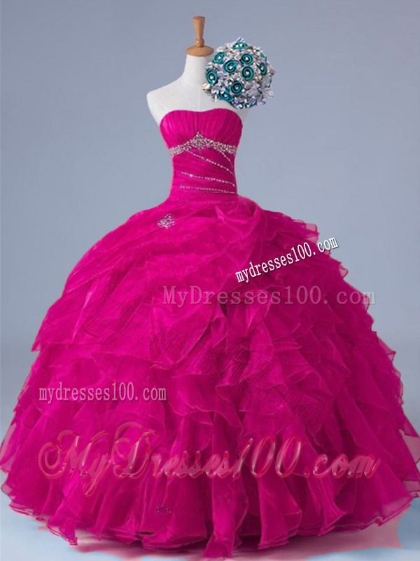 2016 Popular Strapless Beaded Quinceanera Gowns in Fuchsia