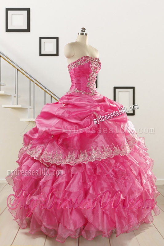 2016 Pretty Appliques and Ruffles Quinceanera Gowns in Hot Pink
