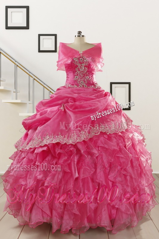 2016 Pretty Appliques and Ruffles Quinceanera Gowns in Hot Pink