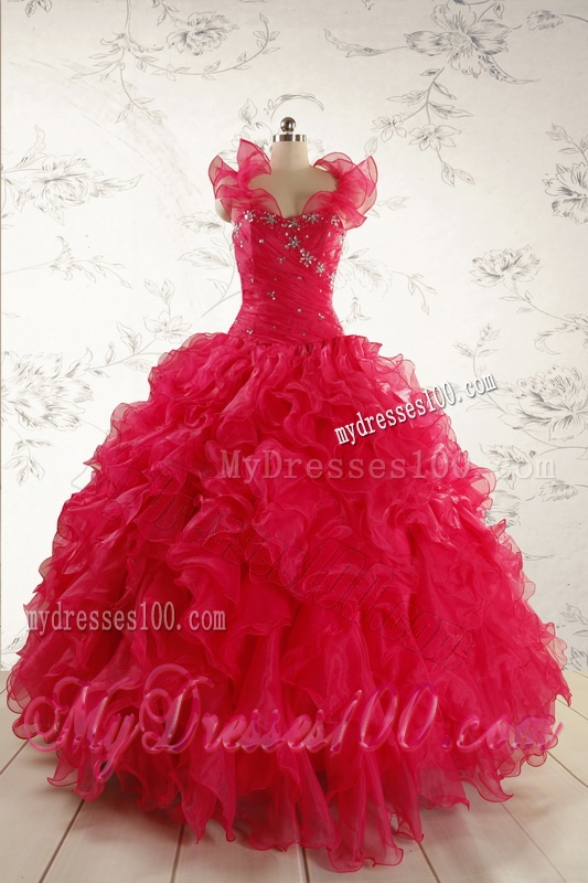 2016 Pretty Beading Red Quinceanera Dresses with Sweetheart
