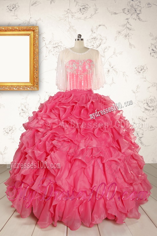 2016 Pretty Beading and Ruffles Hot Pink Quinceanera Dresses with Strapless
