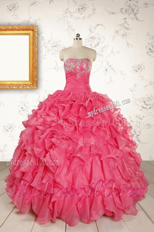 2016 Pretty Beading and Ruffles Hot Pink Quinceanera Dresses with Strapless