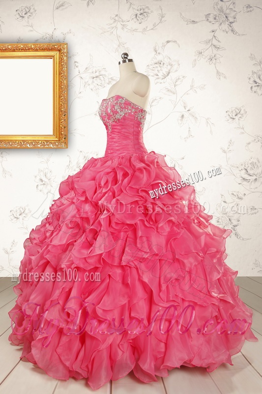2016 Pretty Beading and Ruffles Hot Pink Quinceanera Dresses with Strapless