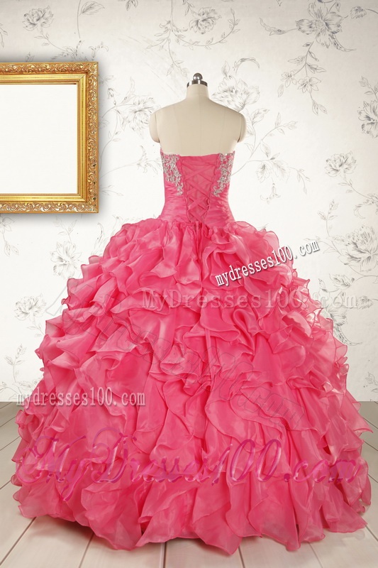 2016 Pretty Beading and Ruffles Hot Pink Quinceanera Dresses with Strapless