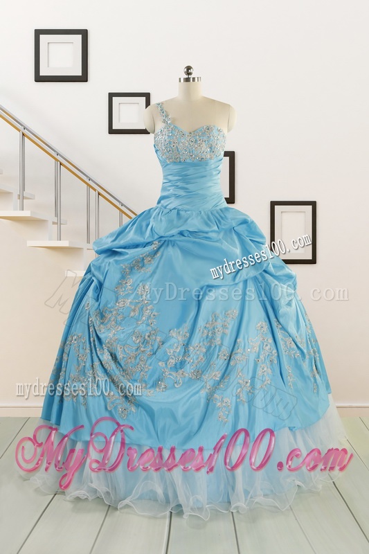 2016 Pretty One Shoulder Appliques Quinceanera Dresses in Aqua Blue
