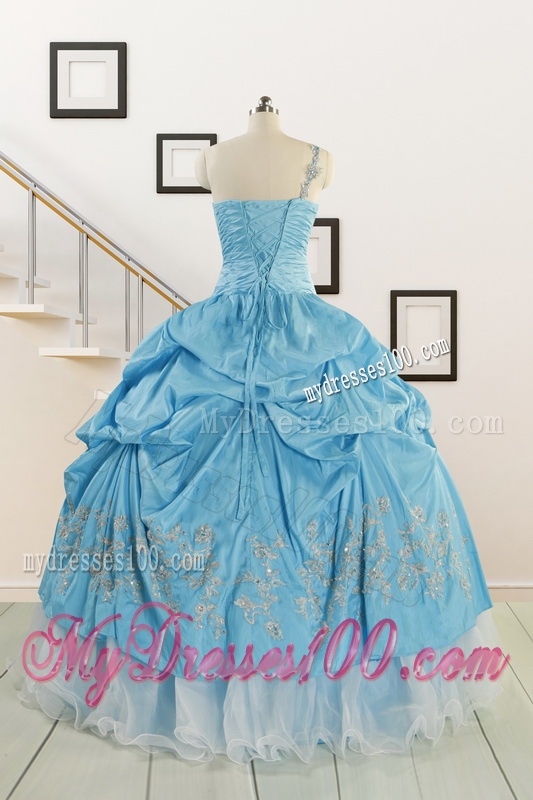 2016 Pretty One Shoulder Appliques Quinceanera Dresses in Aqua Blue