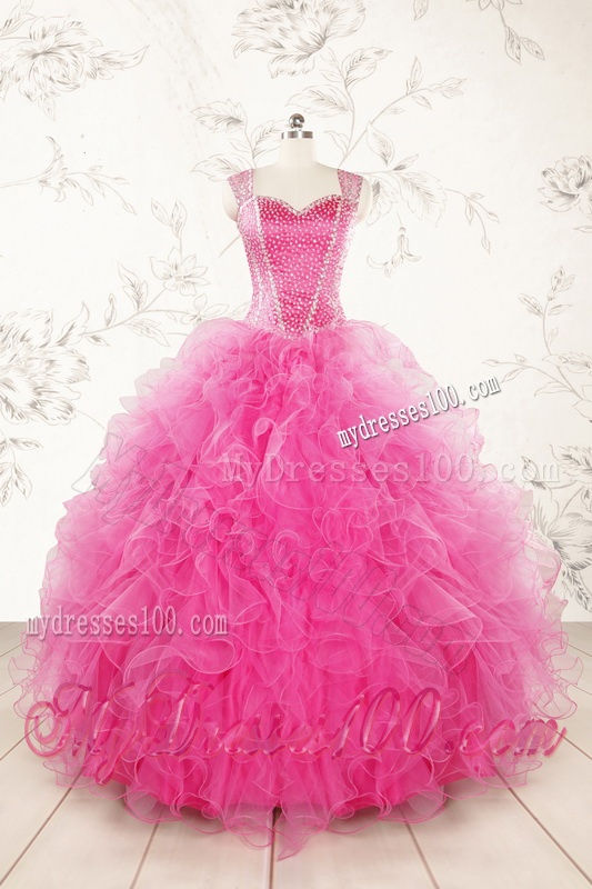 2016 Pretty Straps Hot Pink Quinceanera Dresses with Beading