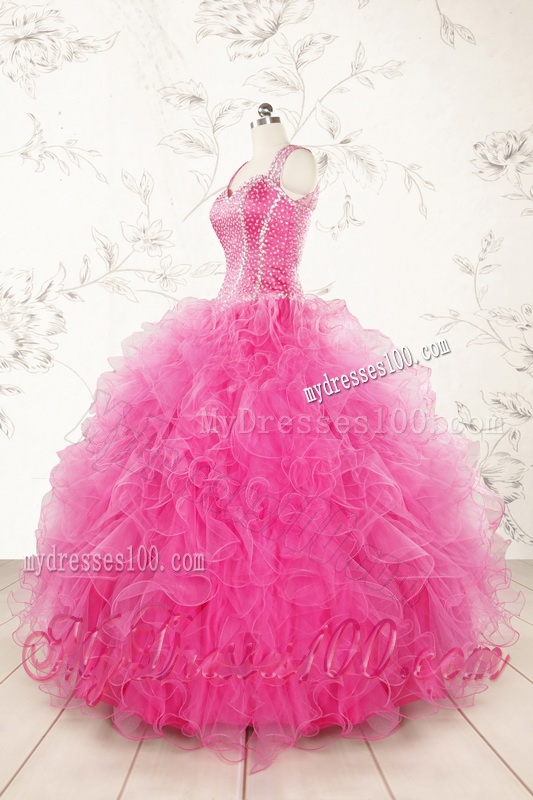 2016 Pretty Straps Hot Pink Quinceanera Dresses with Beading