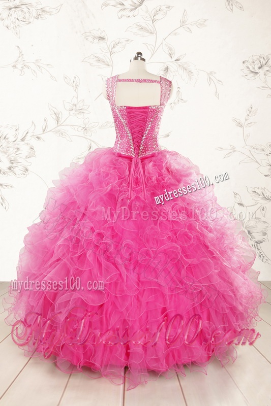 2016 Pretty Straps Hot Pink Quinceanera Dresses with Beading