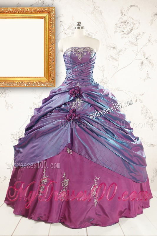 2016 Purple Strapless Quinceanera Dresses with Appliques and Hand Made Flowers