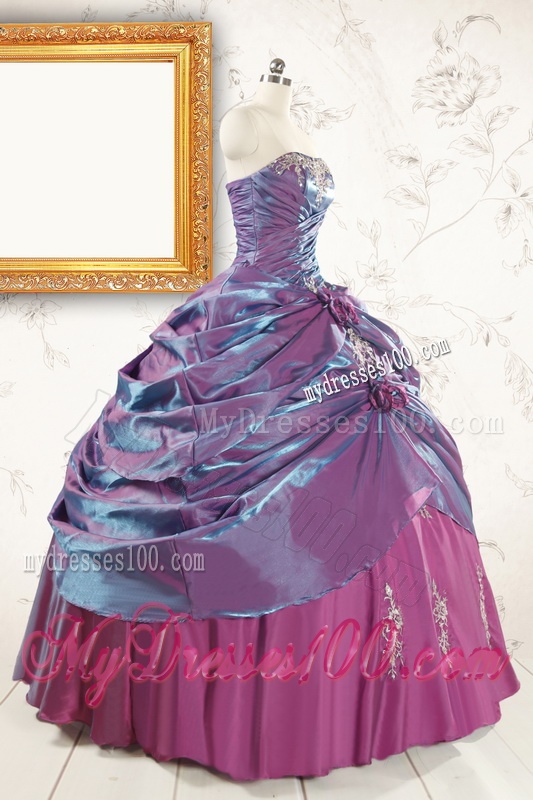 2016 Purple Strapless Quinceanera Dresses with Appliques and Hand Made Flowers