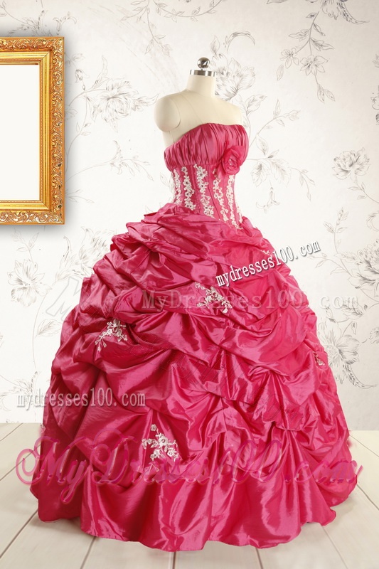 Cheap Appliques Coral Red Quinceanera Dress with Strapless