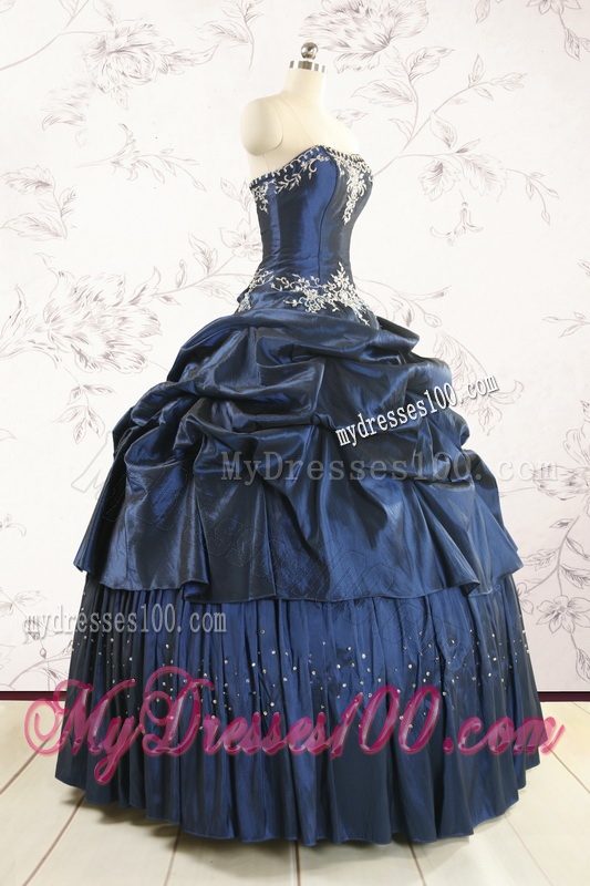 Cheap Navy Blue Quinceanera Dress with Embroidery and Pick Ups
