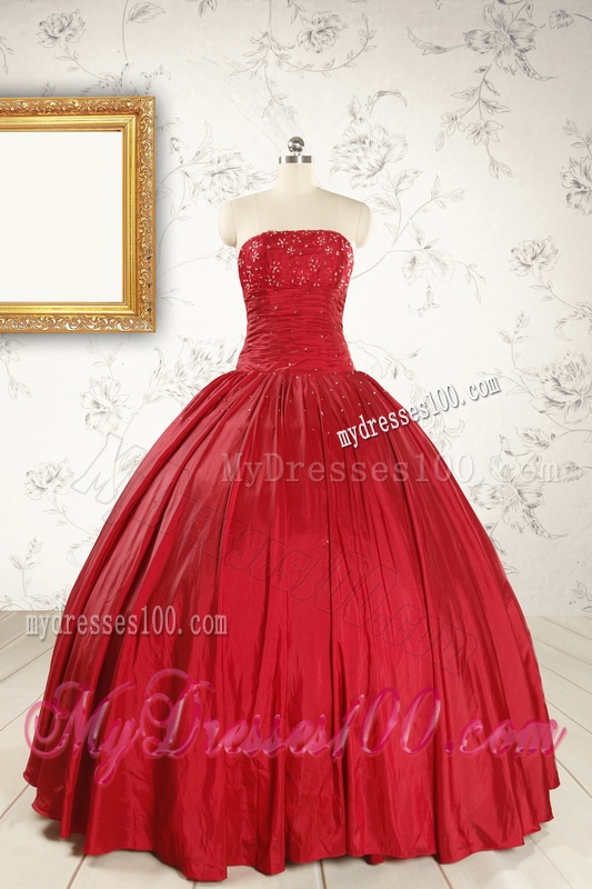 Cheap Red Strapless Sweet 16 Dresses with Beading
