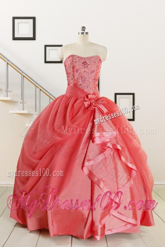 Cheap Strapless Ball Gown Quinceanera Dresses in Watermelon for 2016