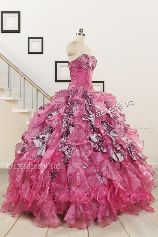 Exclusive Beading Hot Pink Sweet 15 Dress with Leopard