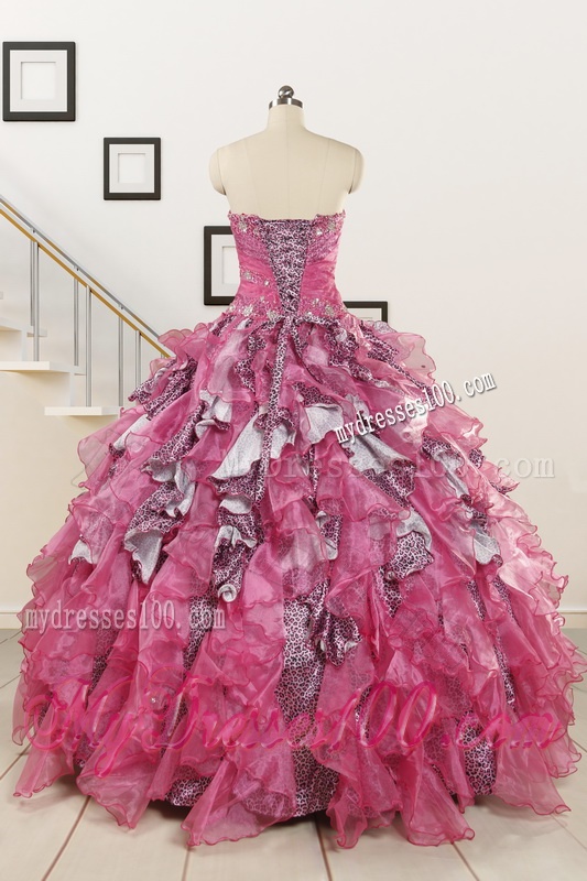 Exclusive Beading Hot Pink Sweet 15 Dress with Leopard