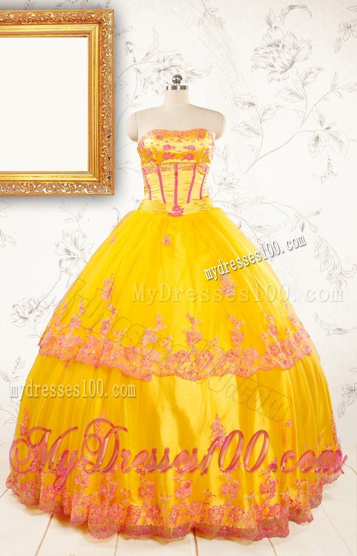 Gold Strapless Beautiful Quinceanera Dresses with Appliques