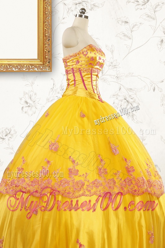 Gold Strapless Beautiful Quinceanera Dresses with Appliques