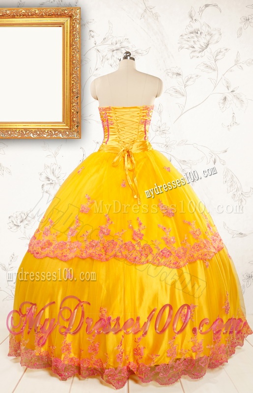 Gold Strapless Beautiful Quinceanera Dresses with Appliques