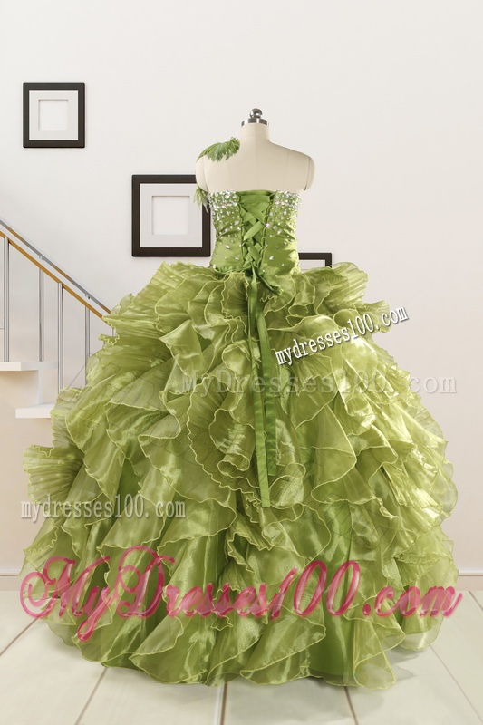 Inexpensive Olive Green Dresses for Quince with Beading and Ruffles