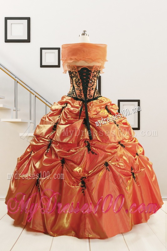Orange Red and Black Sweetheart Appliques Quinceanera Dresses with Wraps