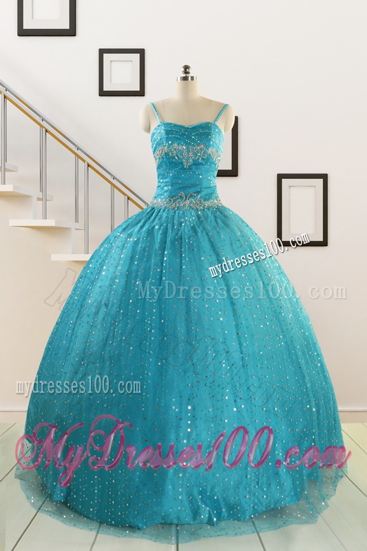 Perfect Spaghetti Straps Appliques Sequins Turquoise Quinceanera Dresses for 2016