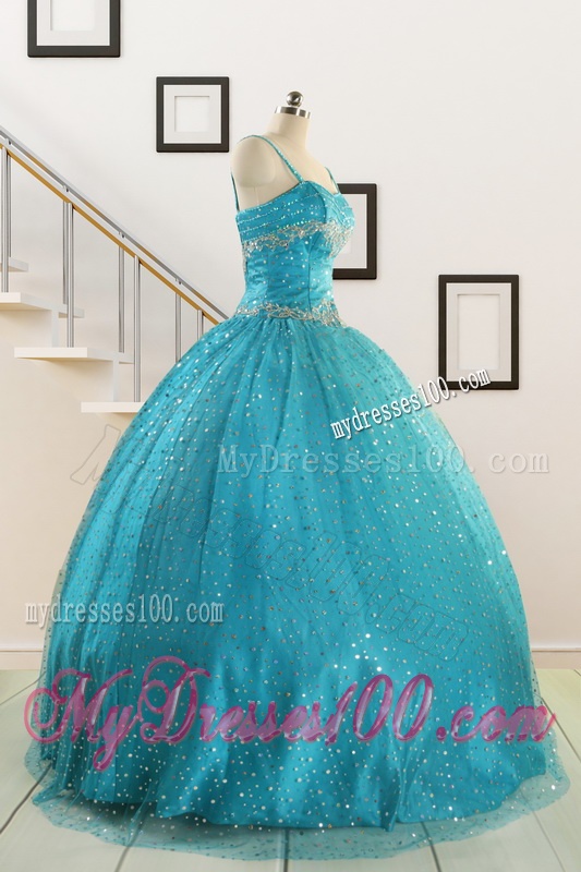 Perfect Spaghetti Straps Appliques Sequins Turquoise Quinceanera Dresses for 2016