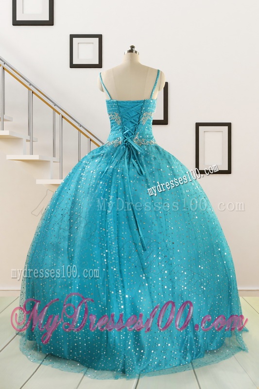 Perfect Spaghetti Straps Appliques Sequins Turquoise Quinceanera Dresses for 2016
