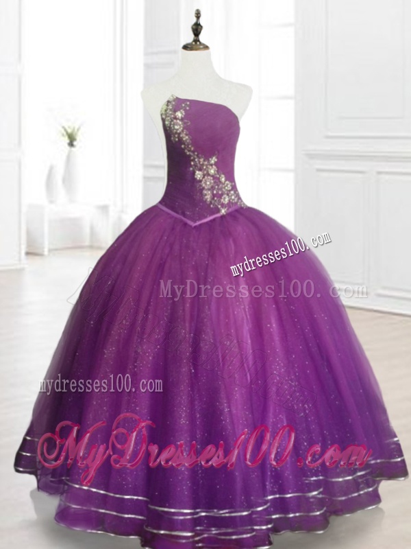 Perfect Strapless Purple Floor Length Quinceanera Gowns with Beading