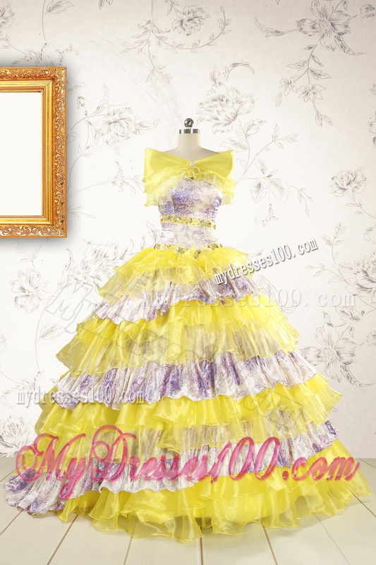 Popular Beading Yellow Sweet 15 Dresses with Sweep Train