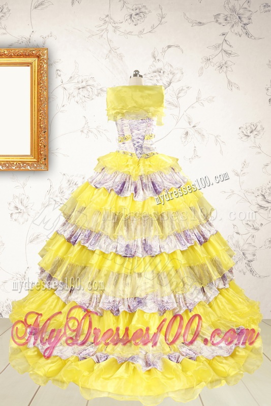 Popular Beading Yellow Sweet 15 Dresses with Sweep Train