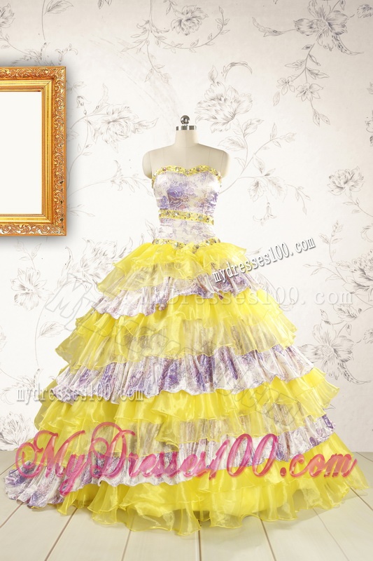 Popular Beading Yellow Sweet 15 Dresses with Sweep Train