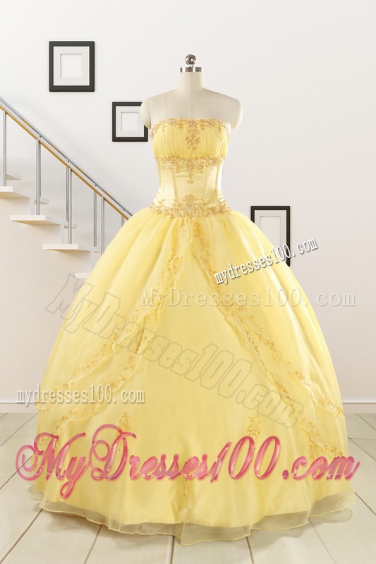 Pretty Yellow Quinceanera Dresses with Appliques and Beading For 2016