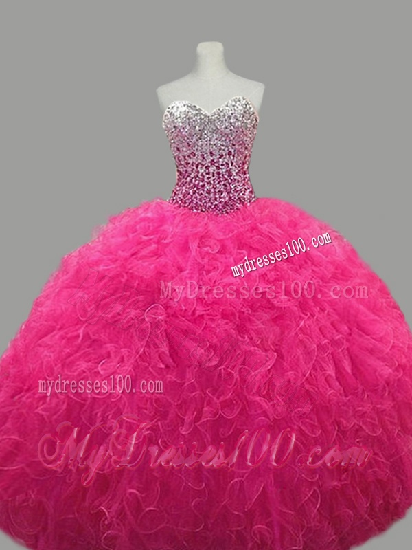 Puffy Sweetheart Hot Pink Quinceanera Dresses with Beading and Ruffles