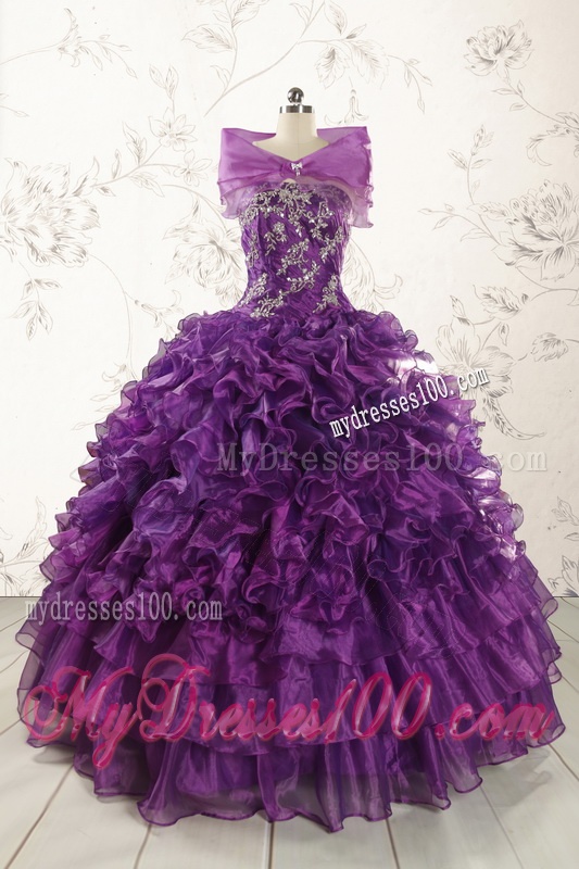 Purple Strapless 2016 Quinceanera Dress with Appliques
