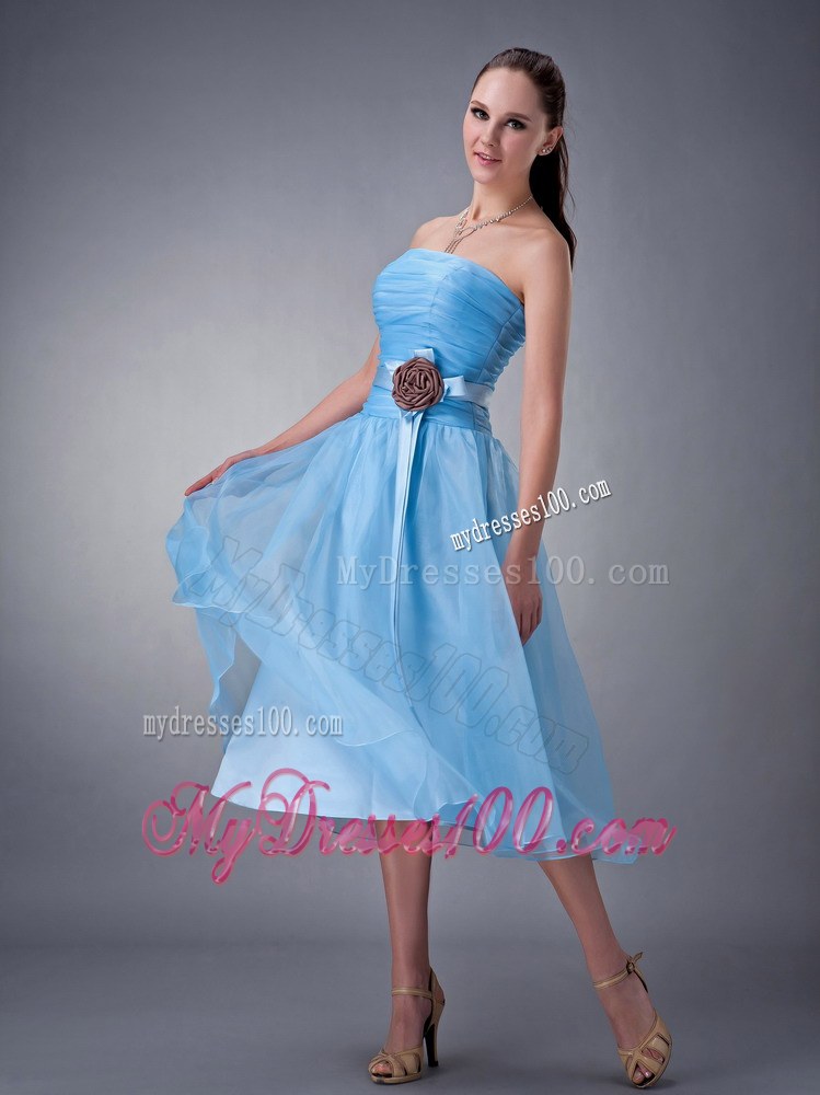 Baby Blue Dama Dresses For Quinceanera Strapless Hand Made Flower