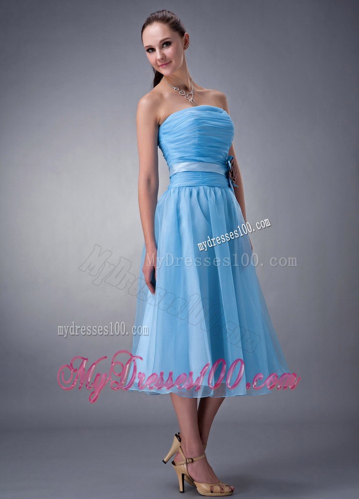 Baby Blue Dama Dresses For Quinceanera Strapless Hand Made Flower