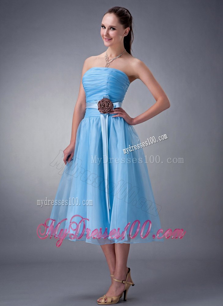 Baby Blue Dama Dresses For Quinceanera Strapless Hand Made Flower