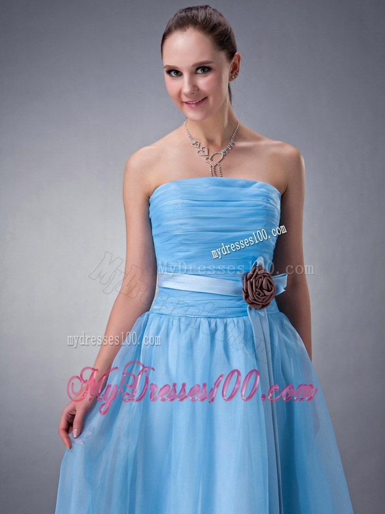 Baby Blue Dama Dresses For Quinceanera Strapless Hand Made Flower