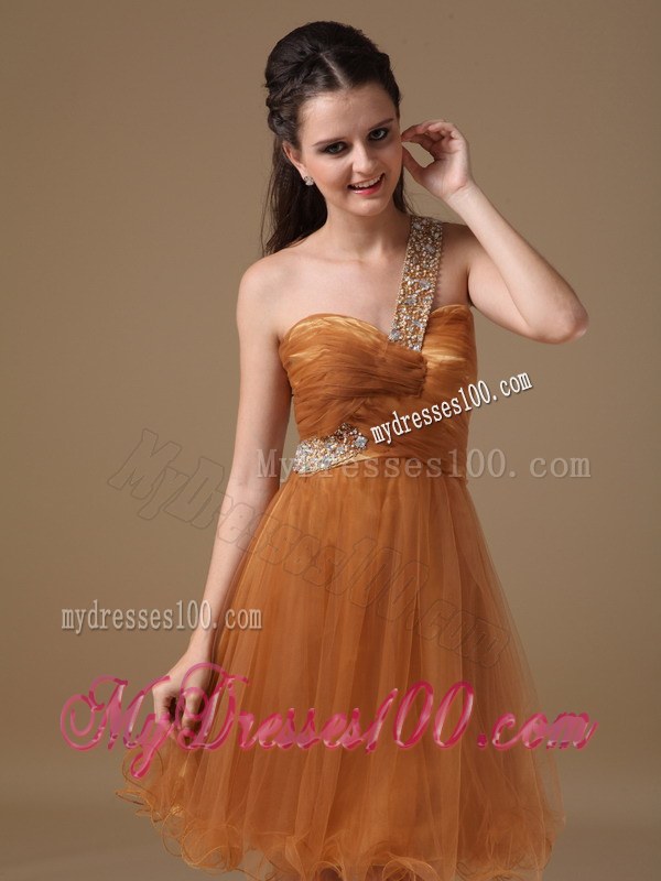 Brown One Shoulder Beading Dama Dresses For Quinceanera