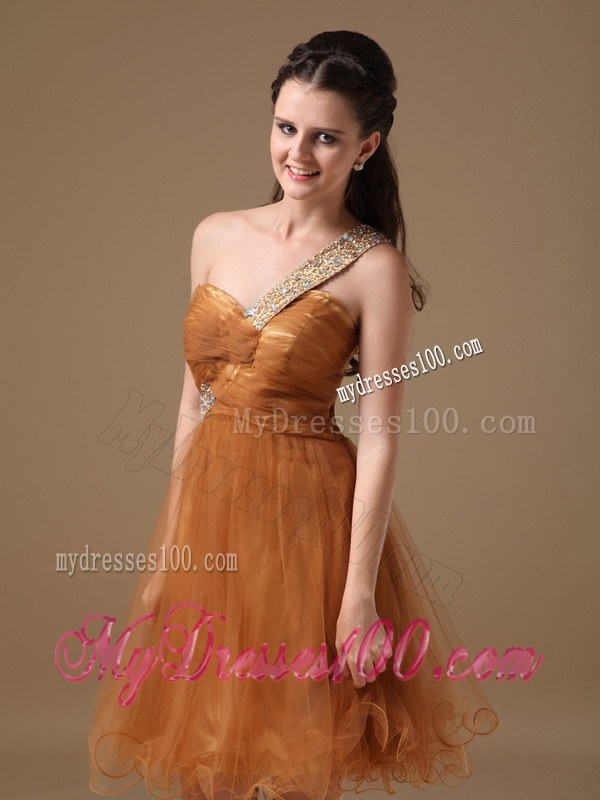 Brown One Shoulder Beading Dama Dresses For Quinceanera