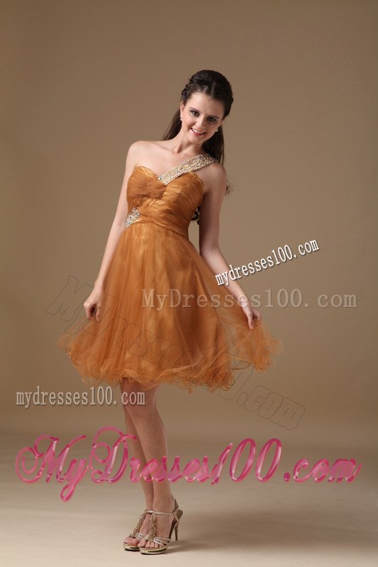 Brown One Shoulder Beading Dama Dresses For Quinceanera