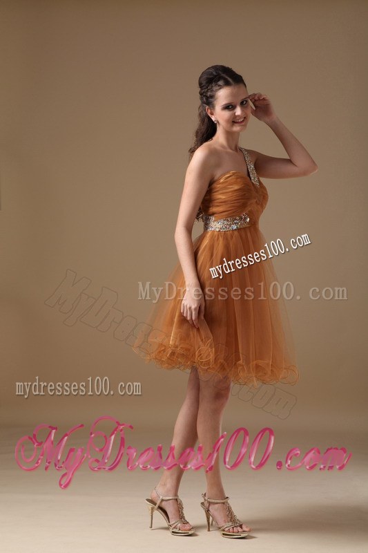 Brown One Shoulder Beading Dama Dresses For Quinceanera