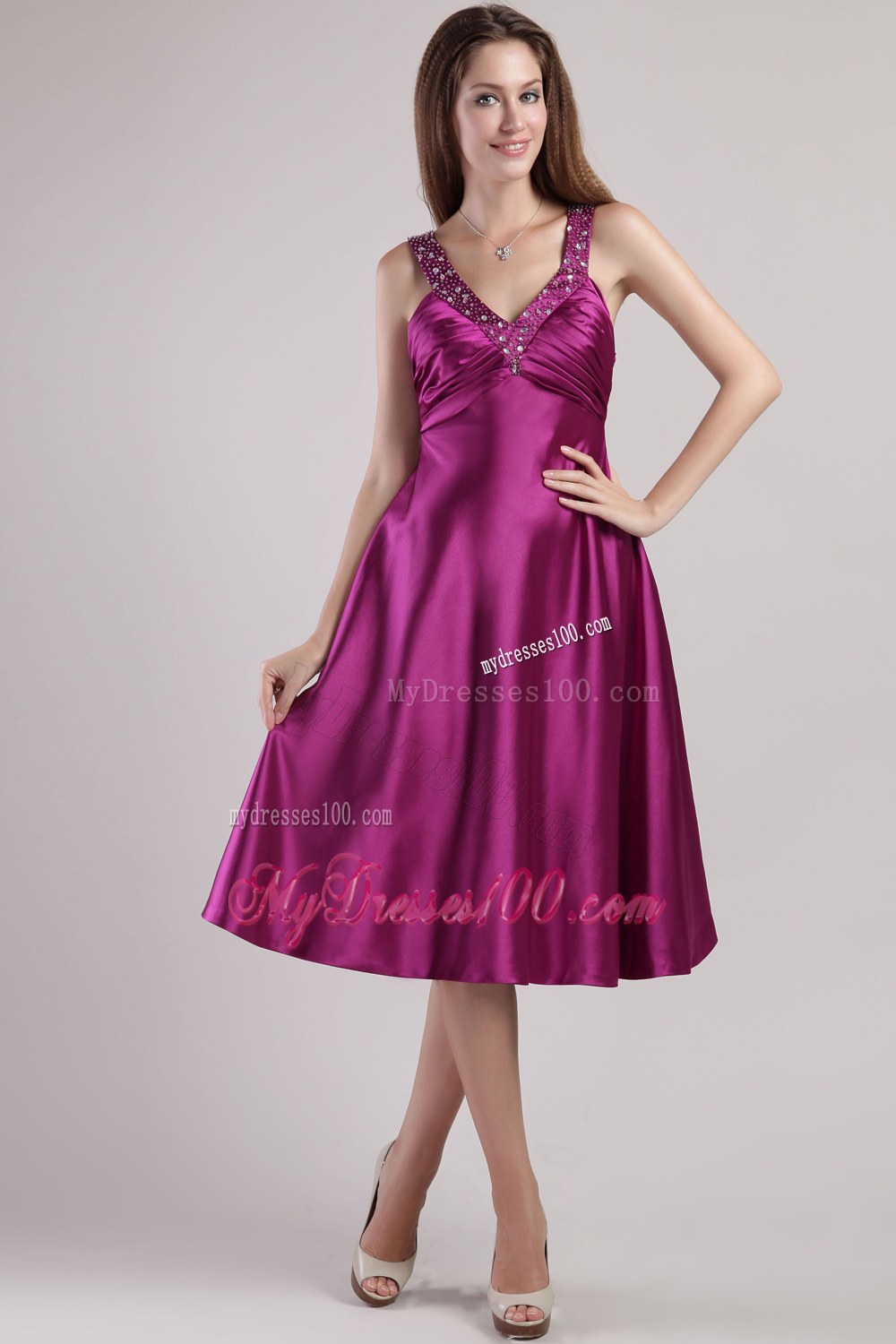 V-neck Elastic Woven Satin Beading Dama Dresses For Quinceanera